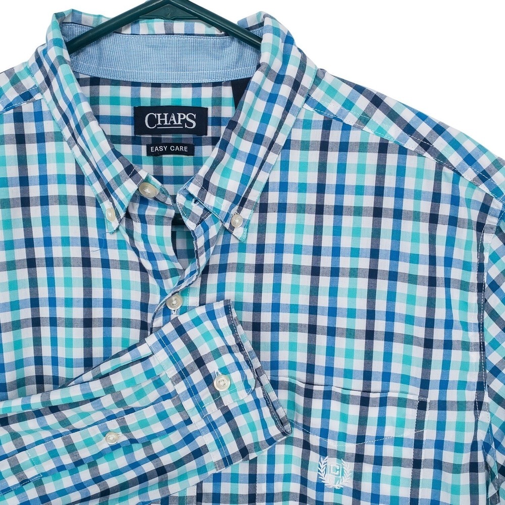 Ralph Lauren Chaps Button Down Shirt Mens Large‎ Blue Teal Plaid Cotton Blend